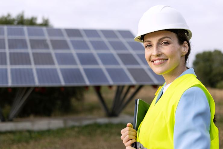 Esperta in energia rinnovabile con pannelli solari sullo sfondo