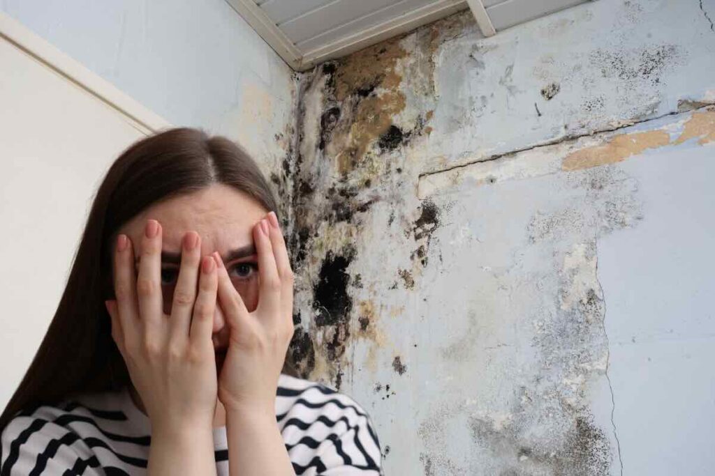 muffa sui muri donna che si nasconde occhi